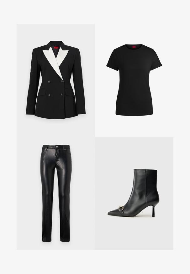 Musta bleiseri, jossa on kaksinkertainen etuosa, valkoinen shaalikaulus, kaksi etutaskua ja mustat napit. Valmistettu jämäkästä kankaasta.; Mustapaita, jossa on lyhyet käärityt hihat, pyöreä kaula-aukko ja punainen etiketti. Sileä pinta, istuva muoto ja minimaalinen yksityiskohtaisuus.; Mustat suoralahkeiset nahkahousut, joissa on etupainike ja vetoketju, vyölenkit ja sivutaskut, esiteltynä valkoista taustaa vasten.; Musta nahkasaapas nilkkapituisilla, terävillä kärjillä, hoikalla keskipituisella korolla ja hopeavöillä sivussa yksinkertaista taustaa vasten.