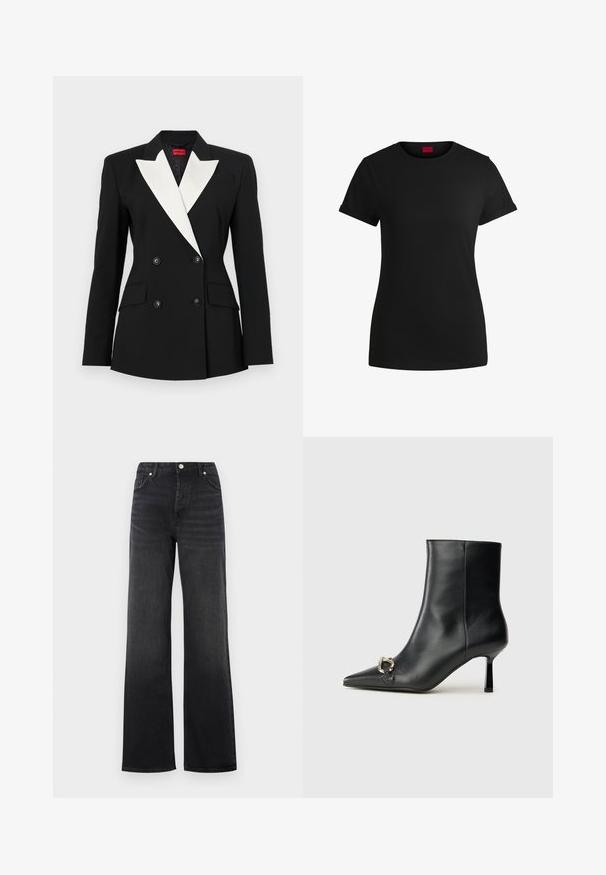 Zwarte blazer met een dubbelgebroken voorkant, witte sjawlrevers, twee voorzakken en zwarte knopen. Gemaakt van een gestructureerde stof.; Zwart katoenen T-shirt met korte opgerolde mouwen, een ronde halslijn en een rood label. Glad textuur, aansluitende pasvorm met minimale details.; Zwarte hoge taille wijde jeans met knoopsluiting en voorzakken, met lichte vervaging op de bovenbenen.; Zwarte leren enkelboot met spitse neus, slanke middenhoge hak en zilveren gespdetail aan de zijkant op een effen achtergrond.