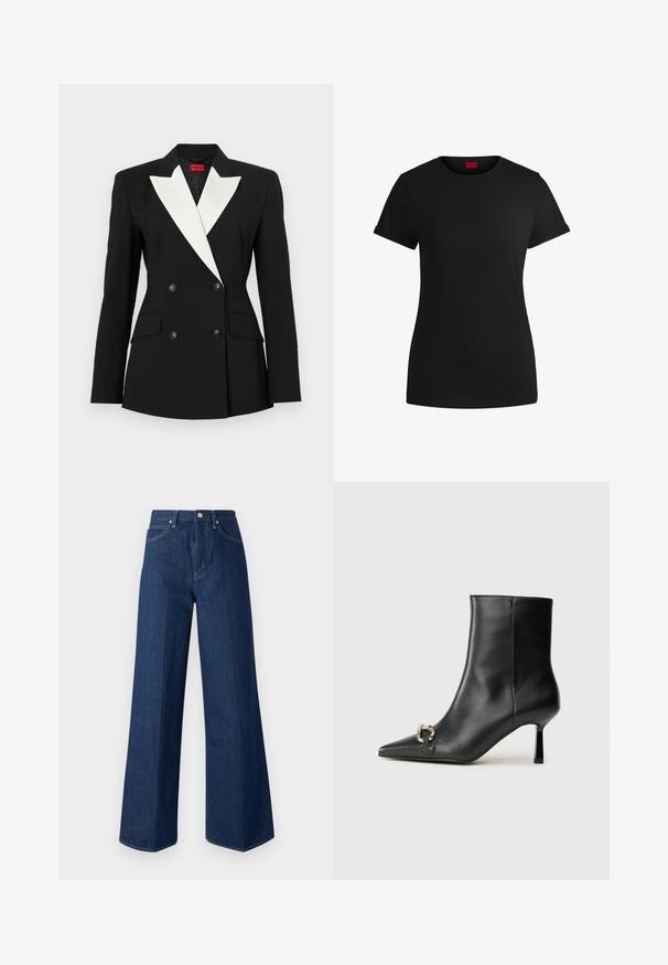 Melna žakete ar divkāršu priekšpusi, baltiem šallētiem klājiem, divām priekšējām kabatām un melniem pogām. Izgatavota no strukturēta auduma.; Melnas kokvilnas t-krekls ar īsām rullējošām piedurknēm, apaļu kakla izgriezumu un sarkanu etiķeti. Gluda tekstūra, pieguļošs siluets ar minimālu dizainu.; Platas kājas džinsi tumši zilos džinsa audumā, ar klasisku piecu kabatu dizainu, redzamām stiklošanas šuvēm un pogu aizdari priekšpusē.; Melnā ādas potīšu zābaku ar smailu purngalu, šauru vidēja augstuma papēdi un sudraba sprādzi sānos uz vienkrāsaina fona.