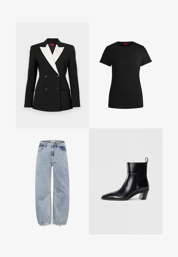 Crni blazer s dvostrukim prednjim kopčanjem, bijelim šalom reverom, dva prednja džepa i crnim dugmadi. Izrađen od čvrstog materijala.; Crna pamučna majica s kratkim rolanim rukavima, okruglim izrezom i crvenom etiketom. Glatka tekstura, uski kroj s minimalnim detaljima.; Svijetloplavi traperice s opuštenim krojem, koje imaju izlizane rubove i detalje od križnog šivanja za dodatnu teksturu i interes dizajna.; Crne kožne gležnjače s šiljastim vrhom, geometrijski složenim potplatom i omčom za povlačenje straga. Glatka tekstura i elegantan dizajn.
