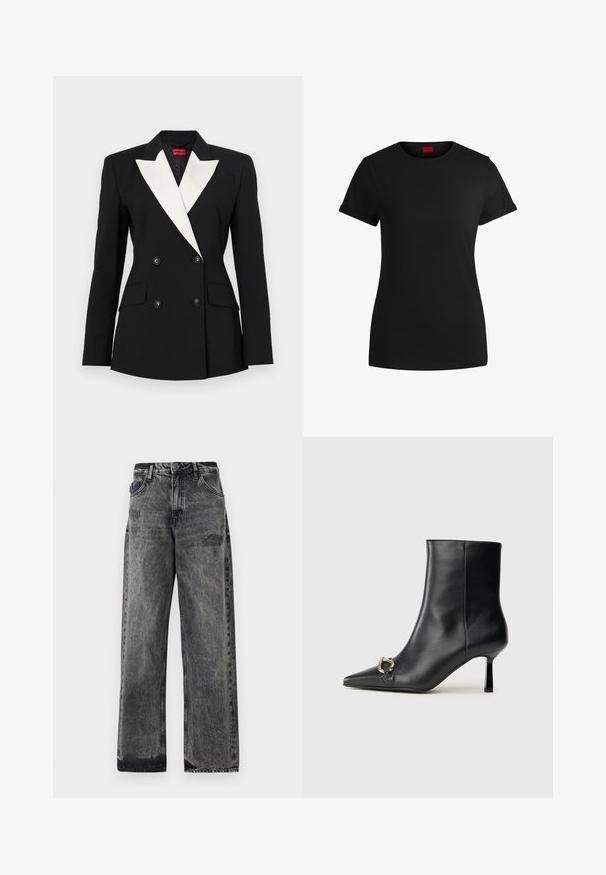 Black blazer with double-breasted front, white shawl lapel, two front pockets, and black buttons. Made of structured fabric.; Black cotton t-shirt with short rolled sleeves, a round neckline, and a red label. Smooth texture, fitted shape with minimal detailing.; Wide-leg black denim jeans with a faded wash, distressed detailing on the front, and standard five-pocket design.; Black leather ankle boot with pointed toe, slim mid-height heel, and silver buckle detail on side against plain background.