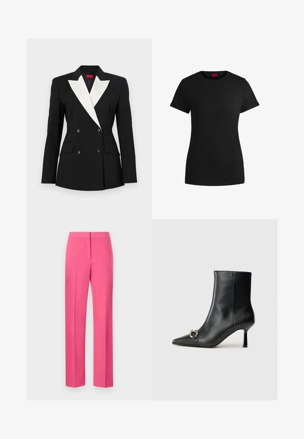 Juodas švarkas su dviguba priekiu, balta šališka apykakle, dviem priekinėm kišenėm ir juodais mygtukais. Pagamintas iš struktūruotos medžiagos.; Juodas medvilninis marškinėlis su trumpomis sukamuojamomis rankovėmis, apvaliu iškirpimu ir raudona etikete. Lygus audinys, prigludusi forma su minimaliais papuošimais.; Rožinės pritaikytos kelnės su tiesiomis kojomis, pasižyminčios lygiu paviršiumi ir aštriomis raukšlėmis priekyje.; Juodas odinis apavas iki kulkšnies su smailiu nosiu, plonu vidutinio aukščio kulnu ir sidabriniu sagties akcentu šone, prieš paprastą foną.