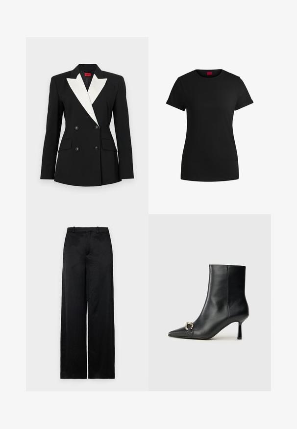 Sacou negru cu față dublă, rever alb, două buzunare frontale și butoane negre. Fabricat dintr-un material structurat.; Tricou din bumbac negru, cu mâneci scurte și răsucite, decolteu rotund și etichetă roșie. Textură netedă, formă ajustată și detalii minime.; Pantaloni negri cu croi larg, confecționați dintr-un material ușor, texturat. Prezintă un brâu neted cu bucle pentru curea și o siluetă dreaptă, fluidă.; Botine negre din piele, cu vârf ascuțit, toc subțire de înălțime medie și detaliu cu cataramă argintie pe lateral, pe un fundal simplu.