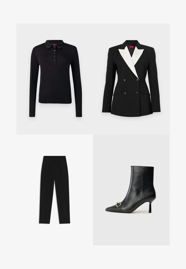 Zwarte blazer met een dubbelgebroken voorkant, witte sjawlrevers, twee voorzakken en zwarte knopen. Gemaakt van een gestructureerde stof.; Zwarte langste mouwen polo shirt, gemaakt van gladde stof, met een kraag, een placket met zes knopen, en een rechte zoom zonder zichtbare patronen.; Zwarte broeken met een rechte pasvorm, voorzien van dubbele plooien, een zachte textuur en een klassiek taillebandontwerp. Geen zichtbare hardware of accenten.; Zwarte leren enkelboot met spitse neus, slanke middenhoge hak en zilveren gespdetail aan de zijkant op een effen achtergrond.