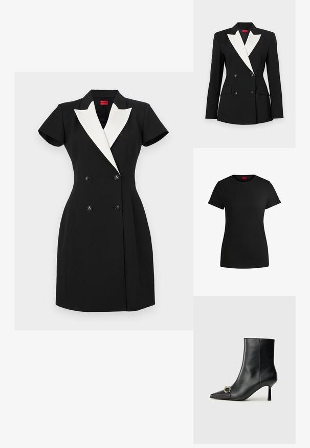 Musta bleiseri, jossa on kaksinkertainen etuosa, valkoinen shaalikaulus, kaksi etutaskua ja mustat napit. Valmistettu jämäkästä kankaasta.; Mustapaita, jossa on lyhyet käärityt hihat, pyöreä kaula-aukko ja punainen etiketti. Sileä pinta, istuva muoto ja minimaalinen yksityiskohtaisuus.; Musta kaksoisnapillinen mekko lyhyillä hihoilla, valkoiset huppuhalkiot ja mustat napit. Räätälöity istuvuus ja rakenteellinen muotoilu.; Musta nahkasaapas nilkkapituisilla, terävillä kärjillä, hoikalla keskipituisella korolla ja hopeavöillä sivussa yksinkertaista taustaa vasten.