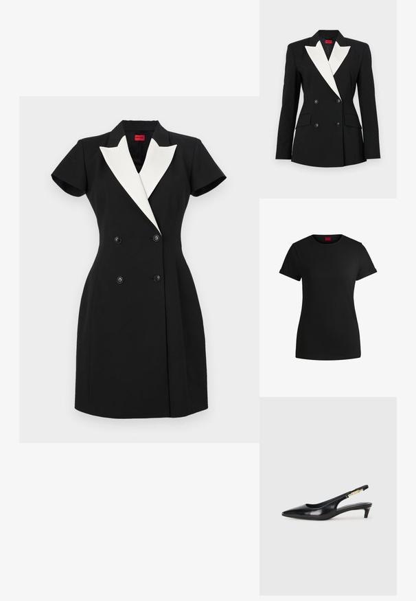 Fekete blézer dupla gombolású elülső résszel, fehér sálképű gallérral, két elülső zsebből és fekete gombokkal. Merev anyagból készült.; Fekete pamut póló rövid felgöngyölt mangaszalaggal, kerek nyakkivágással és piros címkével. Sima textúra, megformált szabás minimális részletezéssel.; Fekete, dupla gombos ruha rövid ujjakkal, fehér stólalapokkal és fekete gombokkal. Testre szabott fazon, strukturált kialakítással.; Fekete bőr slingback magassarkúk, hegyes orral, vékony sarkakkal és arany színű részlettel a állítható pánton. Simа felület.
