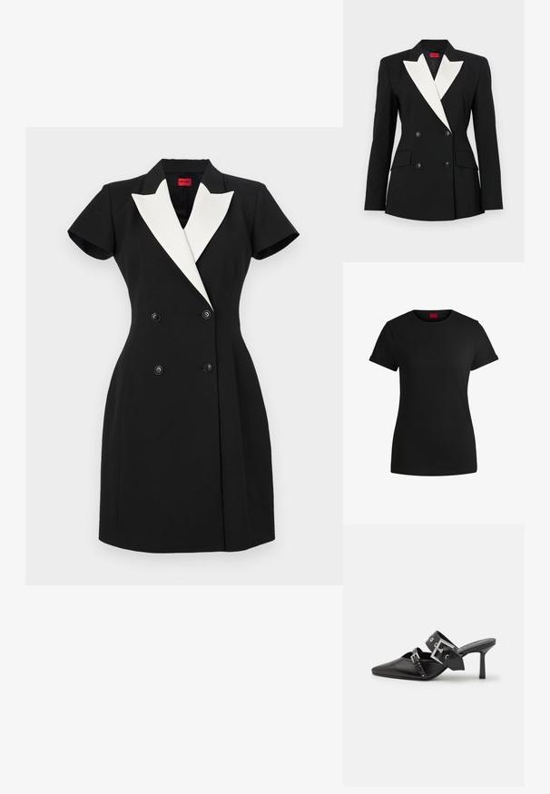 Sort blazer med dobbeltknapning i front, hvid sjalslape, to forlommer og sorte knapper. Lavet af struktureret stof.; Sort bomulds T-shirt med korte opklappede ærmer, rund halsudskæring og et rødt mærke. Glat tekstur, tætsiddende form med minimal detaljer.; Sort dobbeltradet kjole med korte ærmer, hvide sjalslag og sorte knapper. Skræddersyet pasform med en struktureret design.; Sorte højhælede mules med spids tå, lavet af glat læder. Har et bredt ankelrem med en firkantet sølv spænde og nitter.