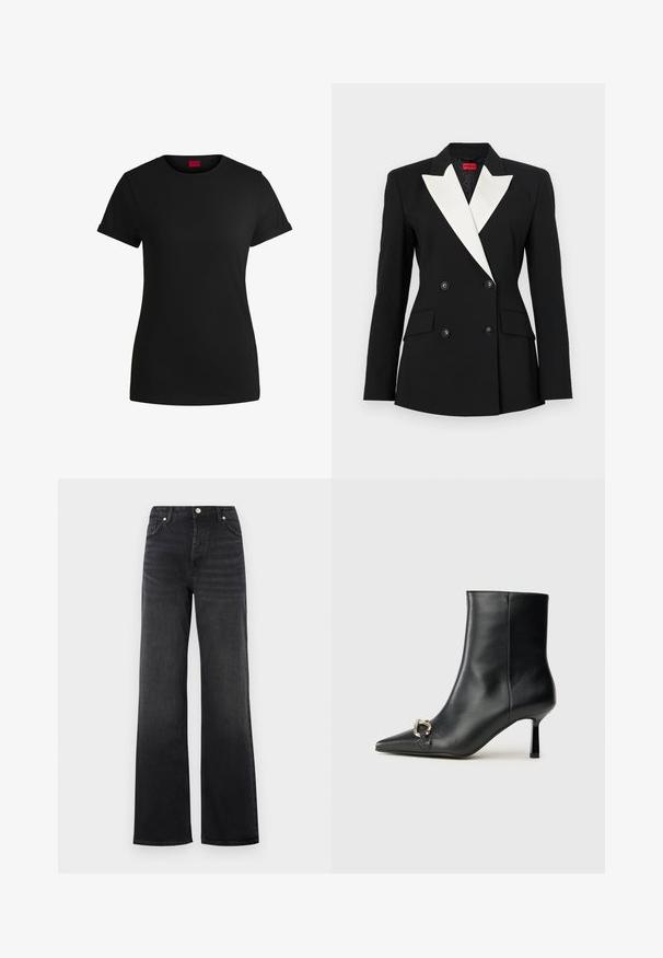 Black blazer with double-breasted front, white shawl lapel, two front pockets, and black buttons. Made of structured fabric.; Black cotton t-shirt with short rolled sleeves, a round neckline, and a red label. Smooth texture, fitted shape with minimal detailing.; Black high-waist wide-leg jeans with button closure and front pockets, showing slight faded detailing on the thighs.; Black leather ankle boot with pointed toe, slim mid-height heel, and silver buckle detail on side against plain background.