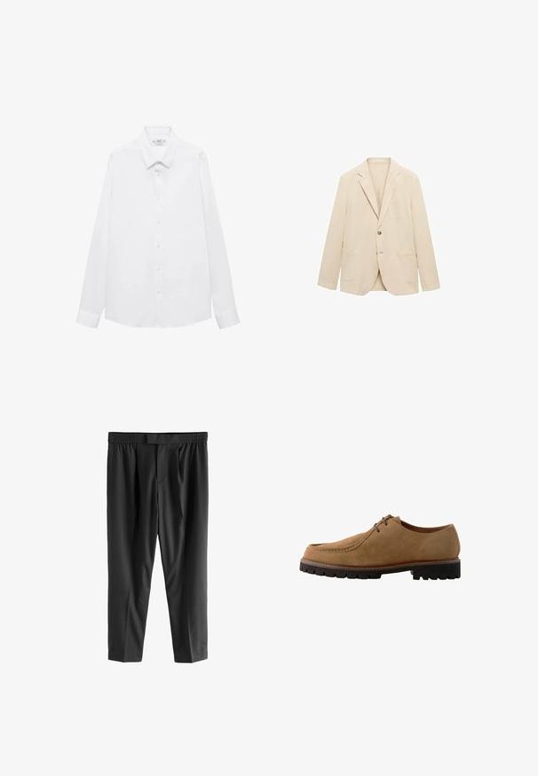 Bežový blazer vyrobený z ľahkej látky, s jedným gombíkom, klopovými chlopňami, dvomi prednými vreckami a jedným náprsním vreckom. Hladká textúra.; Biela košeľa s dlhým rukávom, s ostrým golierom, predným zapínaním na gombíky a gombíkmi na manžetách. Hladká tkanina s klasickým strihom.; Next REGULAR FIT -CHECK SMART - Nohavice chinos - black; Hnedé semišové šnurovacie topánky s okrúhlou špičkou, šitými detailmi a kontrastnou čiernou gumovou podrážkou s hlbokým dezénom pre lepšiu trakciu.