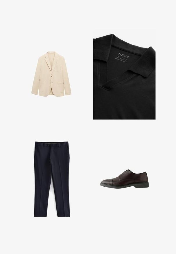 Bež blazer izdelan iz lahkega materiala, z enim gumbom, zareznimi reverji, dvema sprednjima žepoma in enim žepom na prsih. Gladka tekstura.; Črna polo majica z V-izrezom in teksturirano tkanino. Ima zloženi ovratnik in etiketo, ki prikazuje informacije o blagovni znamki in velikosti. Redna kroja.; Next SLIM FIT ESSENTIAL - Hlače za moške obleke - navy; Temno burgundski usnjeni čevlji z vezalkami, okrogla toe, črna ravna podplat, minimalni šivi in gladka tekstura.
