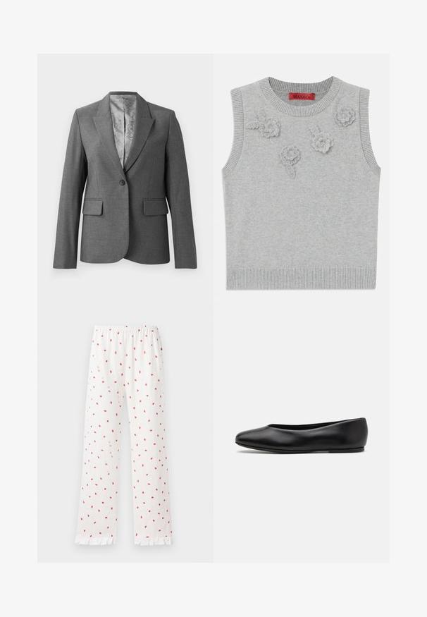 Blazer cinzento sob medida com lapelas recortadas, fecho de um único botão, dois bolsos frontais e forro liso com padrão. Ajuste padrão com mangas longas.; Sweater sem mangas de cor cinza claro, com decote e barra canelados. Apresenta três aplicações florais texturizadas na parte da frente. Etiqueta da marca: MAX&Co.; Calças de pijama brancas com pequenas estampas de morangos vermelhos, cintura elástica e barra com folhos. O material aparenta ser macio e leve.; Paul Smith TOPANGA - Sabrinas - black