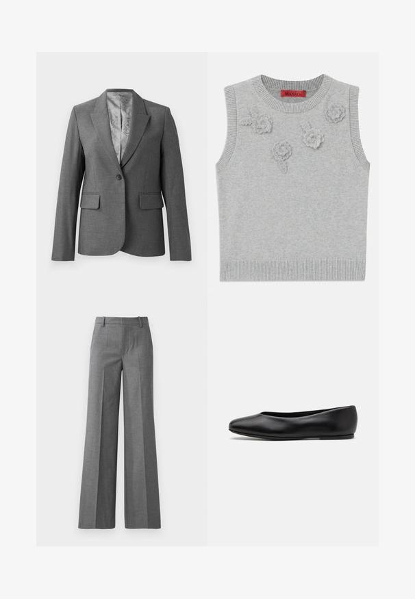 Grå skræddersyet blazer med spidse lapels, enkelt knaplukning, to forlommer og et glat mønstret foer. Standard pasform med lange ærmer.; Lys grå ærmeløs sweater med ribbet halsudskæring og kant. Har tre strukturerede blomsterapplikationer foran. Mærke: MAX&Co.; Grå bukser med vidde i et tekstureret stof. Har frontfolder, en tætsiddende talje og en poleret finish, ideel til formelle anledninger.; Paul Smith TOPANGA - Ballerinasko - black