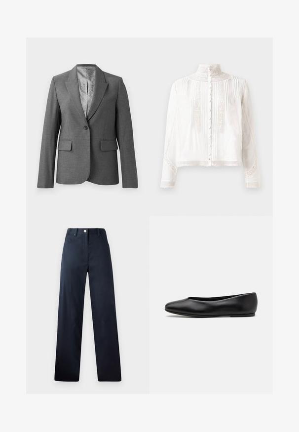 Gray tailored blazer with notch lapels, single button closure, two front pockets, and a smooth patterned lining. Standard fit with long sleeves.; White blouse with high neck, long sleeves, vertical pleats, lace accents, and button closure down the front. Lightweight fabric with semi-sheer texture.; Dark navy trousers with a straight-leg design, made from smooth fabric. Features front pockets, a button closure, and subtle stitching details.; Paul Smith TOPANGA - Ballet pumps - black