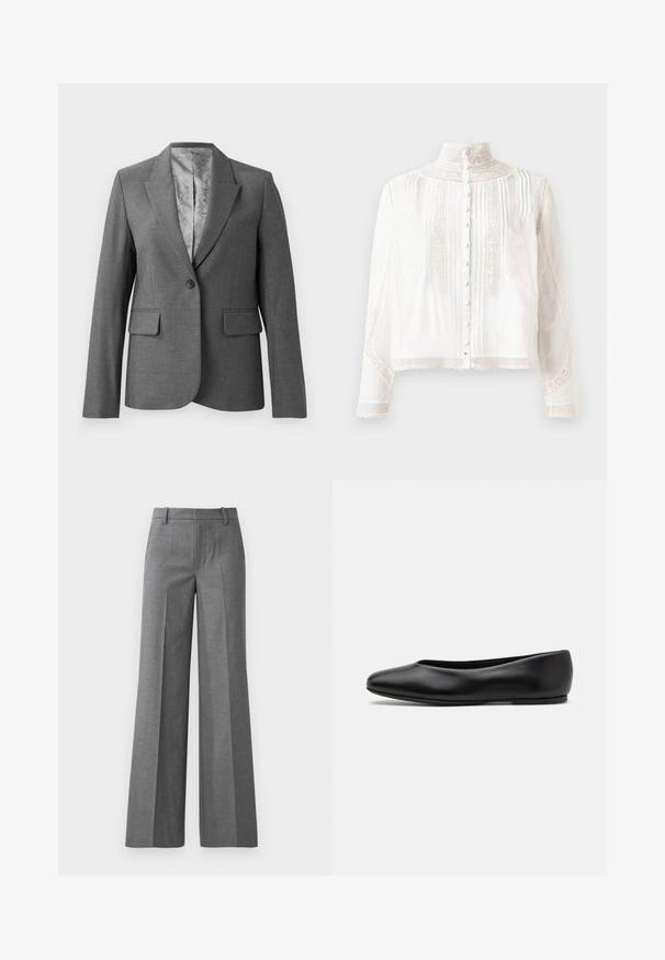 Harmaa räätälöity bleiseri, jossa on hienostuneet läpät, yksittäinen nappikiinnitys, kaksi etutaskua ja sileä kuviollinen vuori. Normaali malli pitkillä hihoilla.; Valkoinen paita, jossa on korkea kaulus, pitkät hihat, pystysuorat poimut, pitsiyksityiskohtia ja napitus edessä. Kevyt kangas, jossa on puoliksi läpikuultava rakenne.; Harmaat leveät housut teksturoidusta kankaasta. Ominaisuudet etupainanteet, sovitettu vyötärö ja kiillotettu pinta, ihanteellinen virallisiin tilaisuuksiin.; Paul Smith TOPANGA - Ballerinat - black