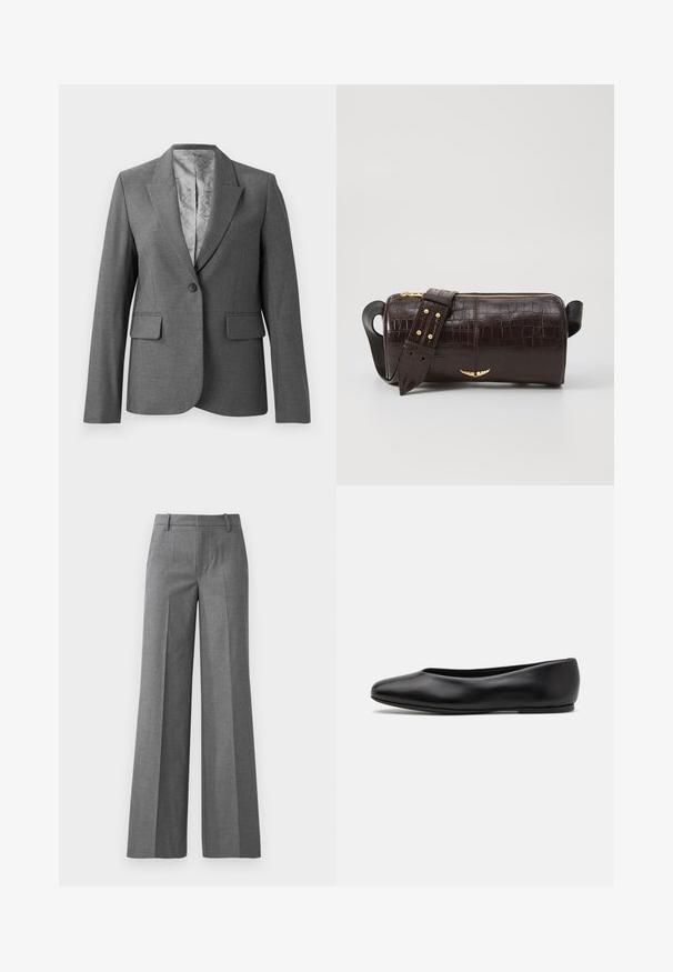 Grijze op maat gemaakte blazer met notch revers, enkele knoopsluiting, twee voorzakken en een gladde, gestreepte voering. Standaard pasvorm met lange mouwen.; Witte blouse met hoge hals, lange mouwen, verticale plooien, kantaccenten en knoopsluiting aan de voorkant. Lichtgewicht stof met een semi-doorzichtige textuur.; Grijze wijdlopende broek van een textuurstof. Kenmerkt zich door voorplooien, een aansluitende taille en een gepolijste afwerking, ideaal voor formele gelegenheden.; Paul Smith TOPANGA - Ballerina's - black; Bruine krokodil-embosserende leren tas met een cilindervorm, gouden hardware en een afneembare schouderband met studs.