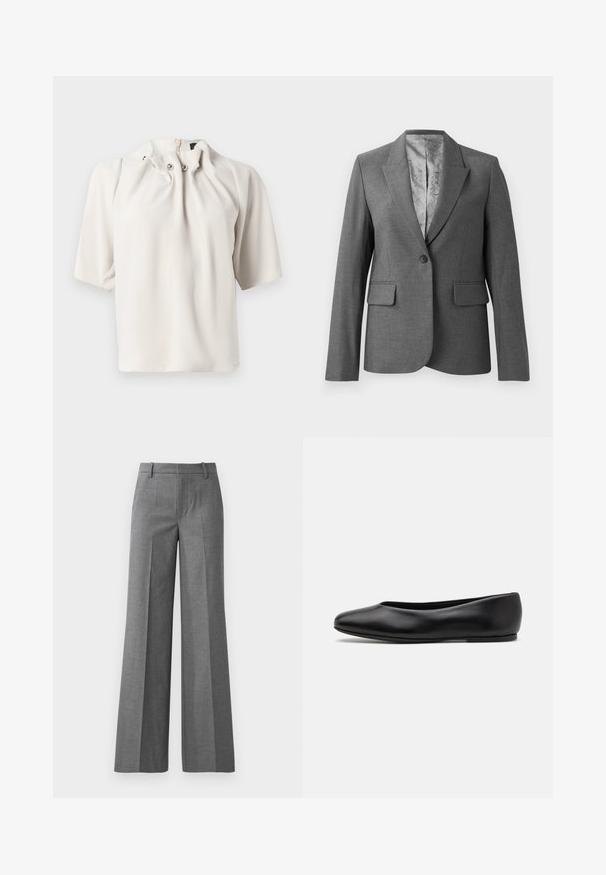 Szürke szabott blazer, élénk hajtókával, egygombos záródással, két elülső zsebbel és sima mintázatú béléssel. Szabványos fazon, hosszú ujjakkal.; Rövid ujjú, világos bézs blúz, összehúzott nyakkivágással, díszítő gombokkal és rejtett hátsó cipzárral. Simább anyagú textúra.; Szürke, bő szárú nadrág texturált anyagból. Elülső redők, testre simuló derék és fényes felület jellemzi, ideális formális környezetekhez.; Paul Smith TOPANGA - Balerina cipők - black