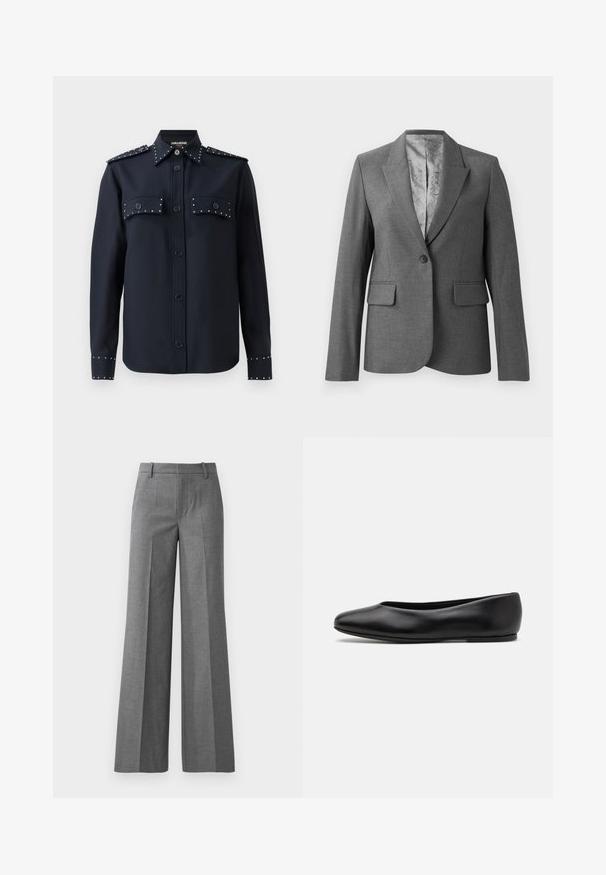 Grå skræddersyet blazer med spidse lapels, enkelt knaplukning, to forlommer og et glat mønstret foer. Standard pasform med lange ærmer.; Marineblå skjorte med lange ærmer, knaplukning og to frontlommer. Har sølvfarvede nitter på lommerne og ærmerne, lavet af et glat materiale.; Grå bukser med vidde i et tekstureret stof. Har frontfolder, en tætsiddende talje og en poleret finish, ideel til formelle anledninger.; Paul Smith TOPANGA - Ballerinasko - black