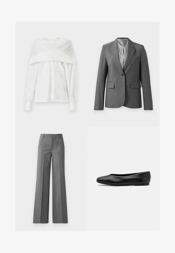 Siv obrabljen suh blazer z notches klapami, zapiranjem na en gumb, dvema sprednjima žepoma in gladkim vzorčastim podlogo. Standardna prileganje z dolgimi rokavi.; Bela srajca z dolgimi rokavi, bombažna tkanina, spredaj na gumb, z off-shoulder dizajnom in drapirano hrbtno stranjo, gladka tekstura, klasičen ovratnik in manšete.; Sive široke hlače iz strukturirane tkanine. Imajo sprednje gube, prilegajoč pas in visokokakovosten videz, kar jih naredi idealne za formalne priložnosti.; Paul Smith TOPANGA - Balerinke - black