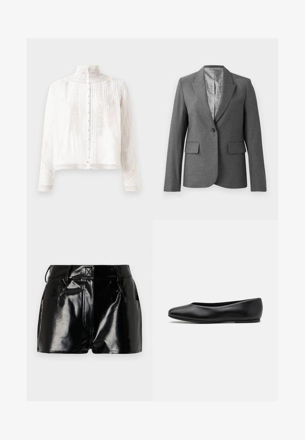 Grijze op maat gemaakte blazer met notch revers, enkele knoopsluiting, twee voorzakken en een gladde, gestreepte voering. Standaard pasvorm met lange mouwen.; Witte blouse met hoge hals, lange mouwen, verticale plooien, kantaccenten en knoopsluiting aan de voorkant. Lichtgewicht stof met een semi-doorzichtige textuur.; Zwarte, glanzende shorts van synthetisch materiaal. Heeft een aansluitende taille, riemlussen en voorzakken met opvallende stikseldetails.; Paul Smith TOPANGA - Ballerina's - black