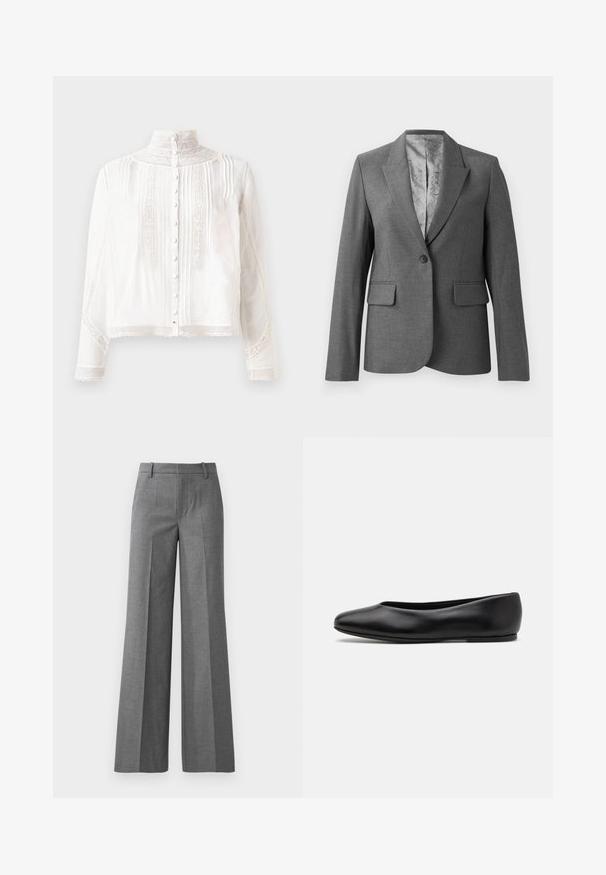 Blazer gris ajusté avec revers en pointe, fermeture à un bouton, deux poches avant et une doublure lisse à motifs. Coupe standard avec manches longues.; Blouse blanche avec col haut, manches longues, plis verticaux, accents en dentelle et fermeture à boutons sur le devant. Tissu léger avec une texture semi-transparente.; Pantalons large gris en tissu texturé. Dotés de plis à l'avant, d'une taille ajustée et d'une finition soignée, idéaux pour des cadres formels.; Paul Smith TOPANGA - Ballerines - black