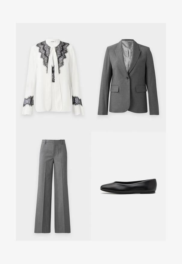 Gray tailored blazer with notch lapels, single button closure, two front pockets, and a smooth patterned lining. Standard fit with long sleeves.; White blouse featuring black lace detailing along the collar and sleeves, with a tie at the neckline and ruffled cuffs.; Gray wide-leg trousers in a textured fabric. Features front pleats, a fitted waist, and a polished finish, ideal for formal settings.; Paul Smith TOPANGA - Ballet pumps - black