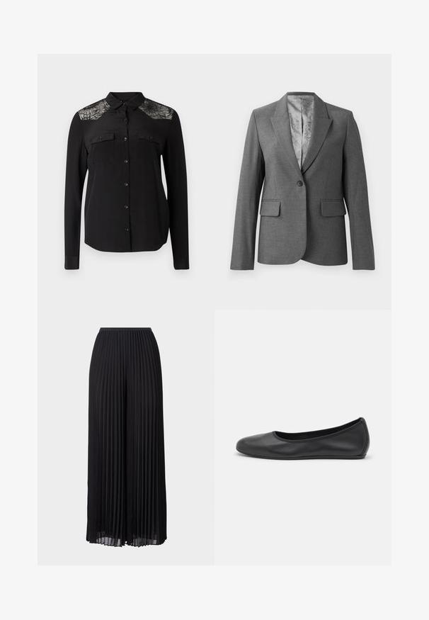 Blazer gris ajusté avec revers en pointe, fermeture à un bouton, deux poches avant et une doublure lisse à motifs. Coupe standard avec manches longues.; Chemise noire à manches longues avec un bouton de fermeture, deux poches poitrine et des détails en dentelle sur les épaules. Tissu lisse avec un col classique.; Pantalons larges à plis noirs avec une taille élastique. Fabriqués en tissu léger, avec des plis verticaux sur toute la surface.; Ballerines en cuir noir avec un bout rond, texture lisse, détails de couture minimalistes et design de semelle flexible.
