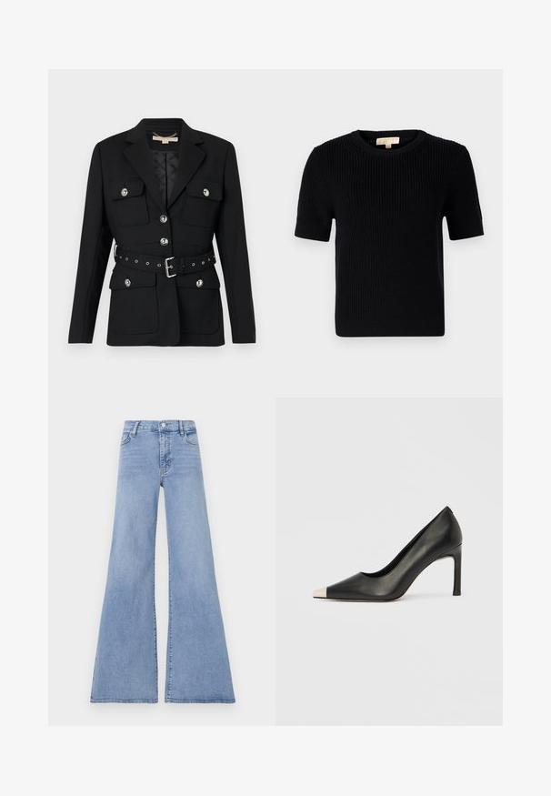 Black blazer with two front pockets, silver button accents, and a cinched waist belt featuring buckle and grommet details. Tailored fit.; Black knitted short-sleeve sweater with a round neckline. Features a ribbed texture and a straight-cut hemline. Label on the inside collar.; Light blue flared jeans made of denim, featuring a high waist, five-pocket design, and subtle stitching details along the seams.; Black leather high heel shoe with a pointed toe and a metallic silver cap. Features a smooth finish and a slender 10 cm heel.