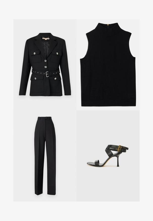 Black blazer with two front pockets, silver button accents, and a cinched waist belt featuring buckle and grommet details. Tailored fit.; Black sleeveless turtleneck top made from soft material, featuring a high collar and a back zip closure. Simple design with no patterns or accents.; Black high-waisted trousers with pleats, featuring a tailored design and straight legs. Made from a smooth fabric, minimal detailing.; Black heeled sandal with crossed straps and adjustable buckle. Features a smooth texture and tapered stiletto heel.