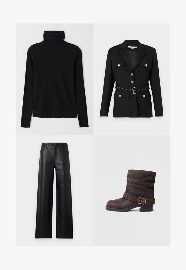 Fekete blézer két elülső zsebbel, ezüst gomb díszítéssel, és övből készült, összeszorított derékkal, amely csattal és lyukakkal rendelkezik. Testhezálló fazon.; Fekete garbó pulóver bordázott anyagból. Hosszú ujjak, testhezálló forma, és enyhén lazább alj, látható minták vagy fémrészek nélkül.; Széles szárú fekete bőrnadrág sima textúrával, elülső zsebekkel, gombos zárással és finom varrással.; Barna velúr bokacsizma laza dizájnnal, csatolt pánttal és fekete alacsony sarokkal, sima textúrával és klasszikus formával.