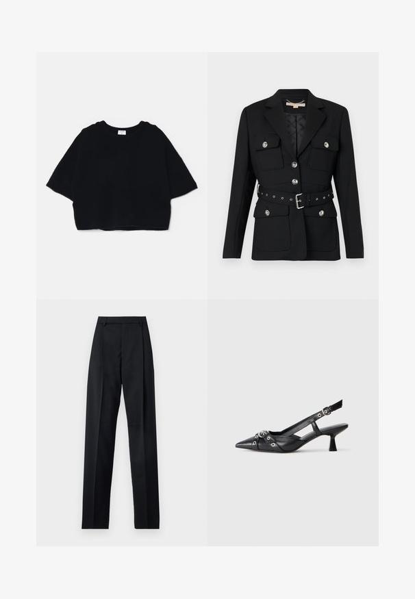 Black blazer with two front pockets, silver button accents, and a cinched waist belt featuring buckle and grommet details. Tailored fit.; Black cropped sweater made from soft fabric, featuring a round neck and short, wide sleeves, with a simple, minimalist design.; Black trousers made from smooth fabric featuring a high waist, wide legs, front pleats, and classic belt loops. No side pockets visible.; Black leather slingback shoe with a pointed toe, decorative straps featuring metal eyelets, and a low block heel. Textured surface.