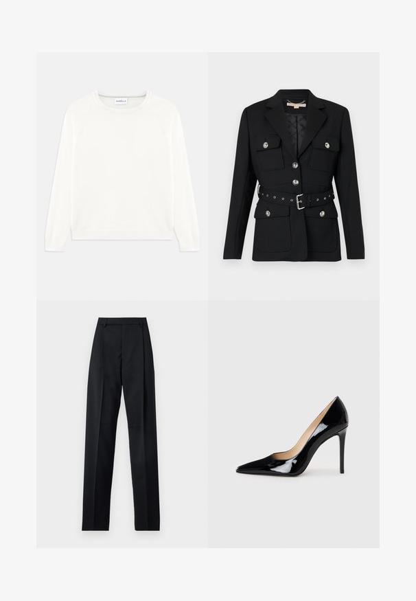 Black blazer with two front pockets, silver button accents, and a cinched waist belt featuring buckle and grommet details. Tailored fit.; Lightweight, cream-colored sweater with a round neckline, long sleeves, and ribbed hem. Made from soft fabric with a smooth texture.; Black trousers made from smooth fabric featuring a high waist, wide legs, front pleats, and classic belt loops. No side pockets visible.; Black patent leather high-heeled pump with a pointed toe design and a sleek silhouette. Features a smooth, shiny finish and a slender stiletto heel.