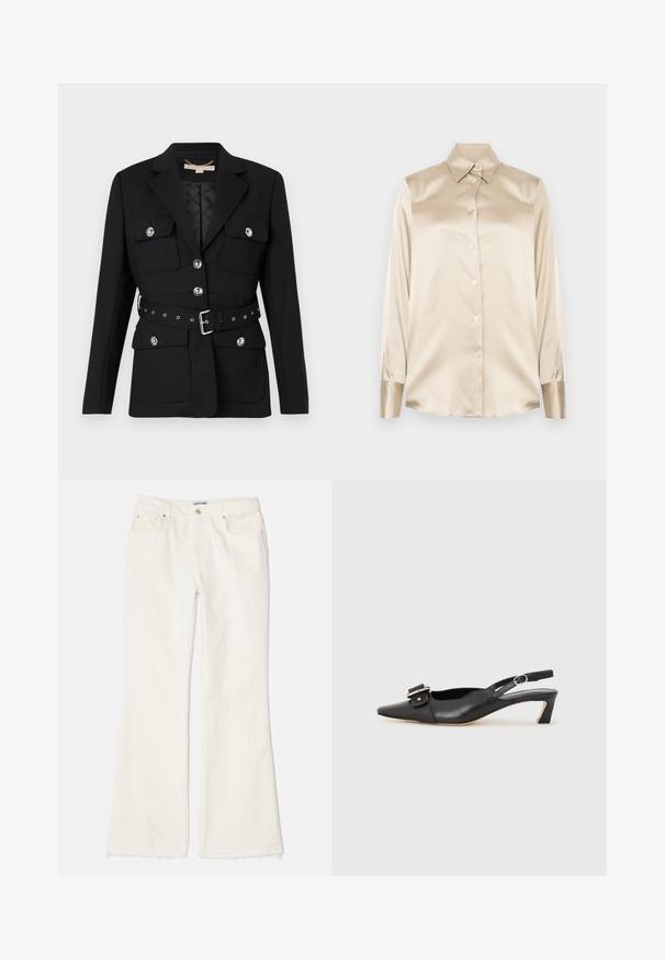 Juodas švarkas su dviem priekinėmis kišenėmis, sidabriniais mygtukų akcentais ir įliemenuota juosta su sagtimi ir šulinėlių detalėmis. Suformuotas dydis.; Smėlio spalvos satino marškiniai su smailiu apykakle, pilno ilgio rankovėmis, sagų uždarymu ir šiek tiek blizgesniais rankogaliais. Be raštų ar akcentų.; Balti džinsai su platėjančiomis kojomis, su neapdirbtu kraštu, turi priekines kišenes, metalinį mygtuką ir užtrauktuką. Lygi tekstūra ir tiesi siluetas.; Juodas odinis slingback batelis su smailiu nosiu, maža pakulne ir dekoratyvine sagtimi viršuje. Lygus paviršius, minimalistas dizainas.