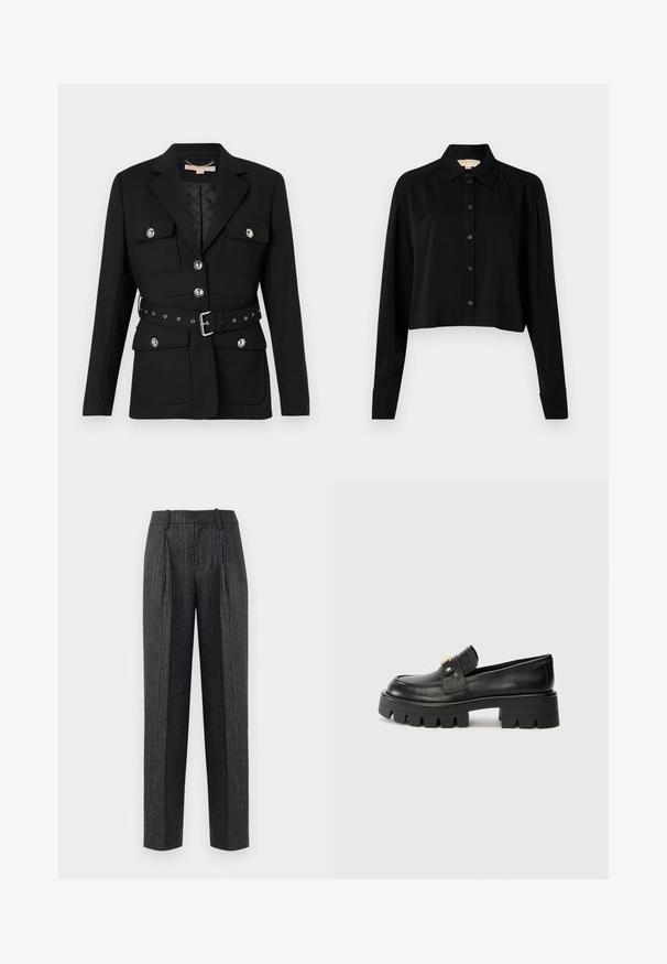 Sacou negru cu două buzunare frontale, accente de nasturi argintii și o curea cu talie strânsă, având detalii cu cataramă și gromete. Croială ajustată.; Cămașă neagră scurtă cu mâneci lungi, guler ascuțit și închidere cu nasturi. Fabricată dintr-un material neted, cu o croială lejeră și mâneci cu manșete.; Pantaloni ajustați dintr-un material gri închis cu dungi subțiri, având o croială dreaptă, pliu în față și o textură netedă.; Mocasini negri din piele cu o talpă groasă, având un accent aurit în față și un finisaj neted. Design cu ștanțare groasă pe talpă.