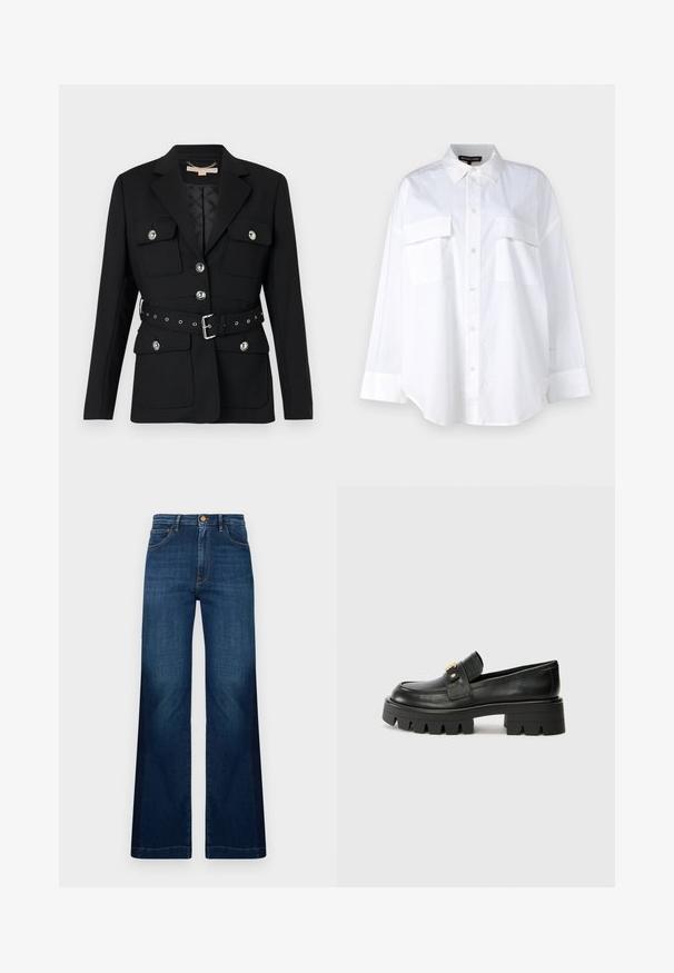 Blazer negro con dos bolsillos frontales, acentos de botones plateados y un cinturón ceñido a la cintura con detalles de hebilla y ojales. Corte entallado.; Camisa blanca de botones de algodón, con cuello clásico, dos bolsillos en el pecho y mangas largas con puños. Textura suave.; Jeans de pierna ancha de color azul oscuro, confeccionados en denim, con una cintura alta, bolsillos frontales y detalles de costura en naranja contrastante.; Mocasines de cuero negro con una suela gruesa, que presentan un acento en tono dorado en la parte delantera y un acabado suave. Diseño de suela con dibujo grueso.