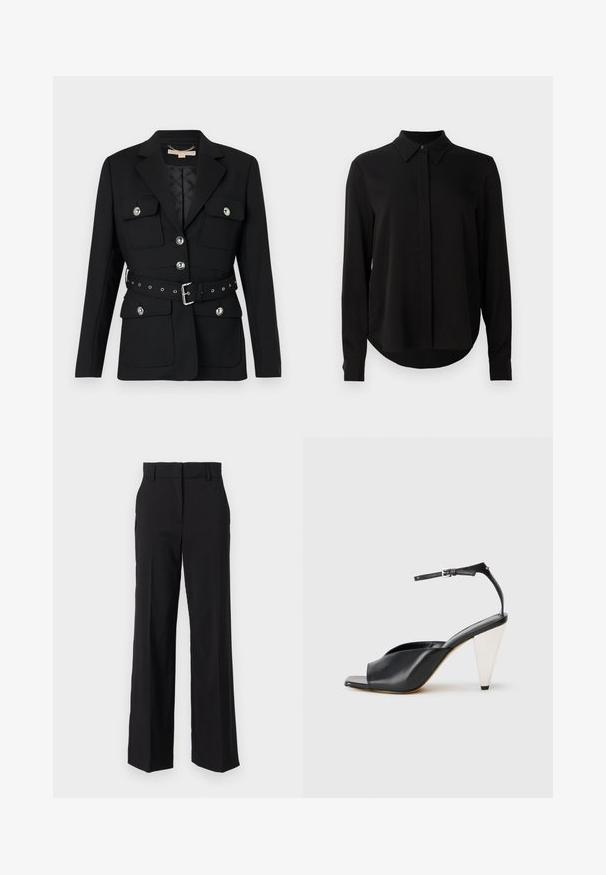 Svart blazer med to frontlommer, sølvknappdetaljer og en belte med innsvingt midje som har spenne og hulldetaljer. Skreddersydd passform.; Svart langermet bluse med spiss krage, skjult knappestang og buet kant mot en enkel hvit bakgrunn.; Sorte skrædderbukser med en lige, bred ben设计, der har en glat tekstur og en flad front med bæltestropper.; Svart lær høyhælte sandaler med åpen tå, asymmetrisk design, ankelstropp og en metallisk kjegleformet hæl. Glatt tekstur hele veien.