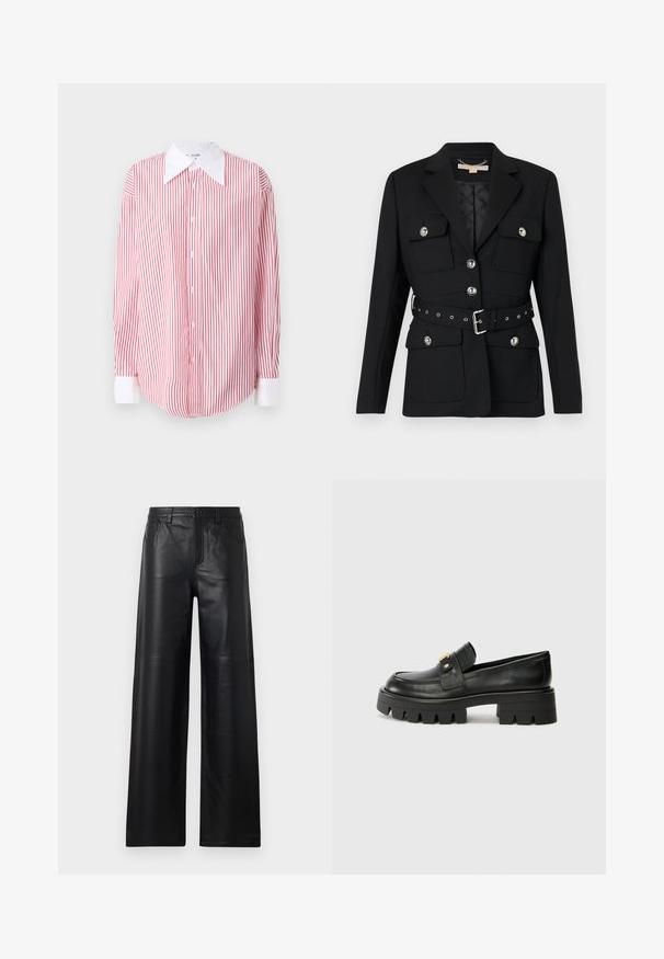 Čierny blazer s dvoma prednými vreckami, striebornými gombíkovými akcentmi a opaskom so zúženým pásom, ktorý obsahuje detaily pracky a očiek. Strih prispôsobený postave.; Červená a biela pruhovaná košeľa na gombíky s veľkým bielym golierom, dlhými rukávmi a zaobleným spodným okrajom. Hladká textúra látky.; Čierne kožené nohavice s širokými nohavicami a hladkou textúrou, s prednými vreckami, zapínaním na gombík a jemnými švovými detailmi.; Čierne kožené mokasíny s masívnou podrážkou, s akcentom v zlatej farbe na prednej strane a hladkým povrchom. Na podrážke je výrazný dezén.