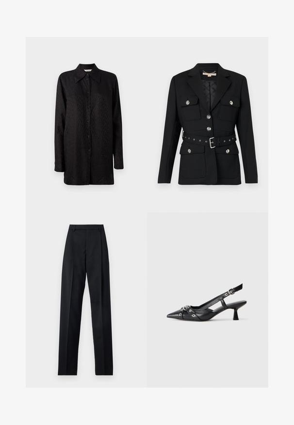 Black blazer with two front pockets, silver button accents, and a cinched waist belt featuring buckle and grommet details. Tailored fit.; Black button-up shirt made of smooth fabric, featuring a subtle, textured pattern, pointed collar, and long sleeves.; Black trousers made from smooth fabric featuring a high waist, wide legs, front pleats, and classic belt loops. No side pockets visible.; Black leather slingback shoe with a pointed toe, decorative straps featuring metal eyelets, and a low block heel. Textured surface.
