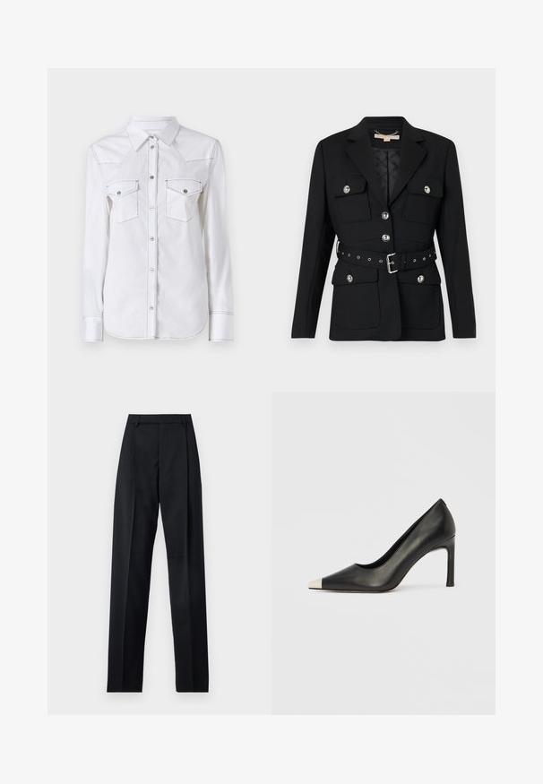 Schwarzer Blazer mit zwei vorderen Taschen, silbernen Knopfakzenten und einem taillierten Gürtel mit Schnalle und Ösen. Maßgeschneiderte Passform.; Weißes Langarmhemd mit spitzem Kragen, zwei Brusttaschen, kontrastierenden Nähten und abgerundetem Saum. Mit Metallknöpfen.; Schwarze Hosen aus glattem Stoff mit hoher Taille, weitem Bein, vorderen Falten und klassischen Gürtelschlaufen. Keine sichtbaren Seitentaschen.; Schwarzer Lederschuh mit hohem Absatz, spitz zulaufender Zehenpartie und metallischer silberner Spitze. Verfügt über eine glatte Oberfläche und einen schlanken 10 cm hohen Absatz.