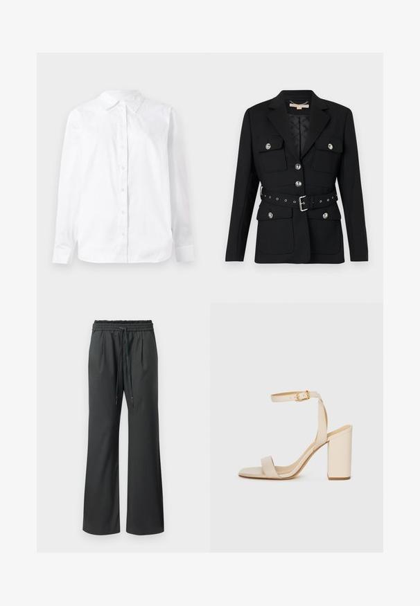 Sacou negru cu două buzunare frontale, accente de nasturi argintii și o curea cu talie strânsă, având detalii cu cataramă și gromete. Croială ajustată.; Cămașă albă cu mâneci lungi și nasturi, confecționată din bumbac, având un guler ascuțit și o croială dreaptă, cu o textură netedă.; Pantaloni largi negri cu talie elastică și șnururi lungi, afișați pe un fundal alb simplu.; Sandalie bej cu toc înalt, cu vârf pătrat, curea subțire în jurul gleznei și toc bloc. Textură de piele netedă cu detalii din cataramă aurie.
