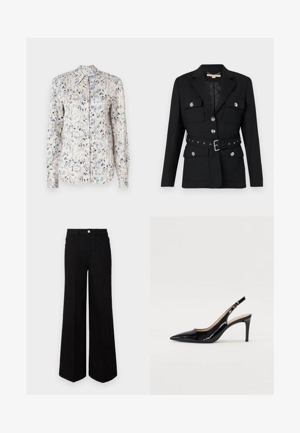 Sort blazer med to frontlommer, sølvknapdetaljer og en indsnævret taljebælte med spænde og øsken. Skræddersyet pasform.; Langærmet skjorte i lysekræmfabrik med et blåt blomstermønster med mørke accenter og en spids krave. Knapfrontdesign.; Sorte vide ben-jeans lavet af robust stof, med høj talje, forlommer og en frontal knaplukning. Flad kant i bunden.; Sort patenteret læder slingback stiletto med spids tå, slank hæl og et subtilt udskæringsdesign. Har en gylden spænde på remmen.
