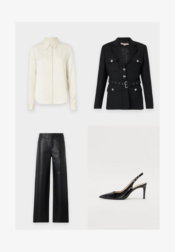 Musta bleiser kahete esikoti, hõbedaste nööpide detailidega ning elastse vööga, millel on pandla ja augud. Kohandatud lõige.; Tiger of Sweden CELSA - Nööpidega pluus - ivory white; Laiad mustad nahkpüksid siledast tekstuurist, esi-taskute, nööbiga sulgemise ja peente õmblusdetailidega.; Must hõbedavärvi patendiga slingback kontsakingad terava varbaga, kitsas konts ja peene lõikega disain. Statistika on kuldne pandla rihmal.