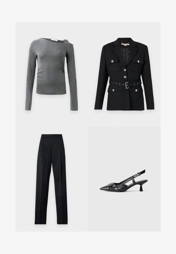 Čierny blazer s dvoma prednými vreckami, striebornými gombíkovými akcentmi a opaskom so zúženým pásom, ktorý obsahuje detaily pracky a očiek. Strih prispôsobený postave.; Sivý dlhý rukáv top vyrobený z jemnej tkaniny, s lodičkovým výstrihom a jedným detailom s vystrihom na ramene, s jemným nariadením na bokoch.; Čierne nohavice vyrobené z hladkej látky s vysokým pásom, širokými nohavicami, prednými záhybmi a klasickými pútkami na opasok. Žiadne bočné vrecká nie sú viditeľné.; Čierne kožené slingback topánky s špicatou špičkou, ozdobnými popruhmi s kovovými očkami a nízkym blokovým podpätkom. Textúrovaný povrch.