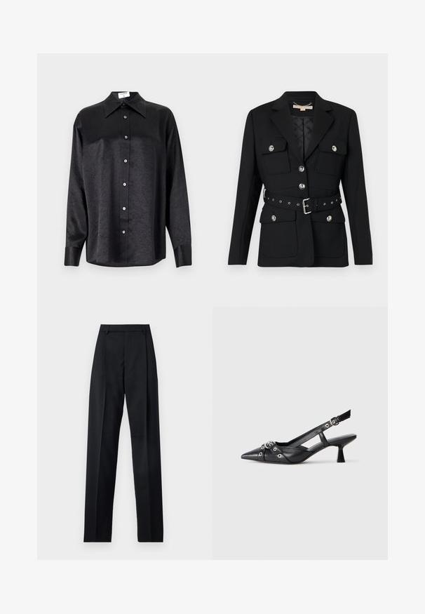 Blazer nero con due tasche frontali, dettagli in acciaio inox sui bottoni e una cintura in vita arricciata con fibbia e dettagli in eyelet. Vestibilità tailoring.; Camicia nera a maniche lunghe con colletto, caratterizzata da una texture stropicciata, chiusura frontale con bottoni e polsini. Realizzata in un tessuto morbido.; Pantaloni neri realizzati in tessuto morbido, caratterizzati da vita alta, gambe larghe, pince frontali e classiche passanti per cintura. Non ci sono tasche laterali visibili.; Scarpa slingback nera in pelle con punta affusolata, cinturini decorativi con occhielli metallici e tacco basso a blocco. Superficie testurizzata.