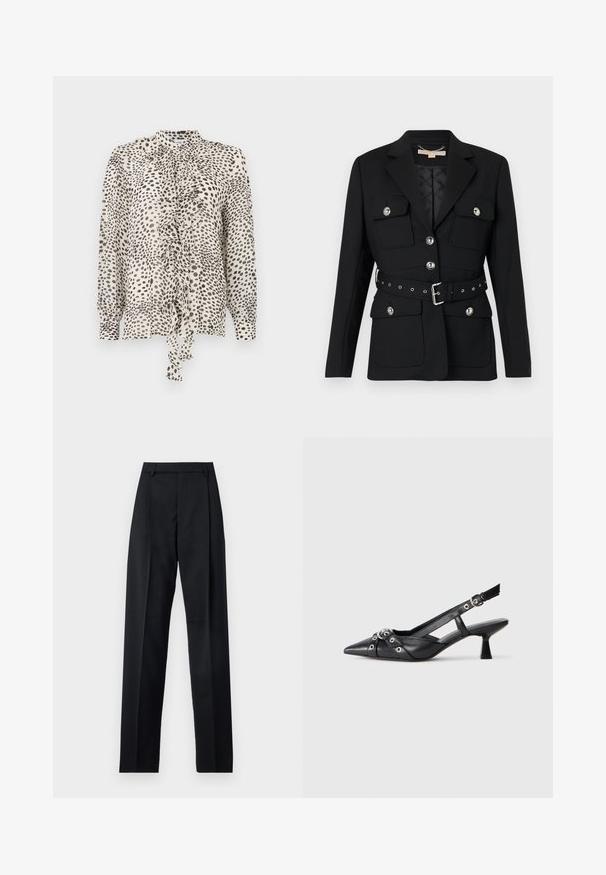Black blazer with two front pockets, silver button accents, and a cinched waist belt featuring buckle and grommet details. Tailored fit.; Long-sleeve blouse in lightweight fabric featuring a ruffled front, collar, and a spotted pattern in black on a cream background.; Black trousers made from smooth fabric featuring a high waist, wide legs, front pleats, and classic belt loops. No side pockets visible.; Black leather slingback shoe with a pointed toe, decorative straps featuring metal eyelets, and a low block heel. Textured surface.