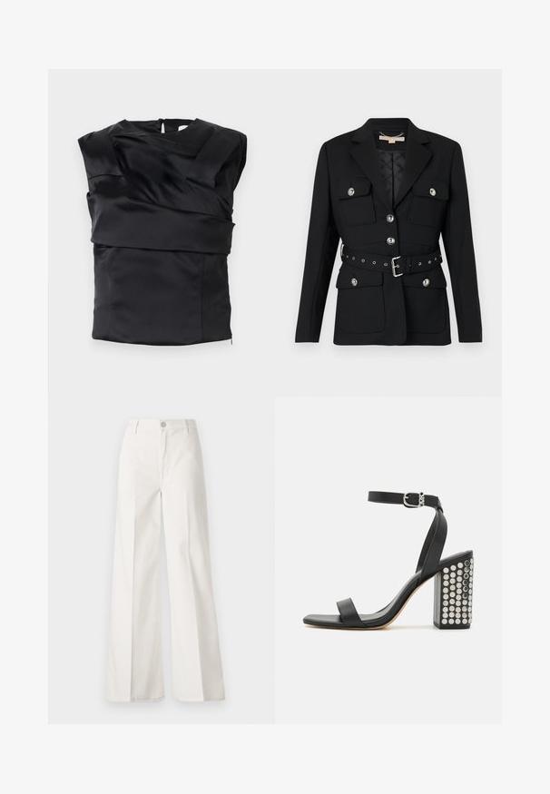 Musta bleiseri, jossa on kaksi etutaskua, hopeiset napin korostukset ja vyötärön cinch-vyö, jossa on solki- ja rei'itydetaljeja. Muotoiltu malli.; Musta satiinitoppi, jossa on rakenteellinen muotoilu leveillä hartioilla ja epäsymmetriseellä etupaneelilla, joka on suljettu vetoketjulla takana.; Valkoiset leveälahkeiset housut, jotka on valmistettu puuvillasta ja joissa on sileä rakenne. Ominaisuuksiin kuuluvat etupainike, vetoketjuluukku ja neljän taskun muotoilu.; Musta nahkainen korkokenkä, jossa on nilkkaremmi. Kuvastaa neliönmuotoista varvasta, sileää pintaa ja neliönmuotoista paksua korkoa, joka on koristeltu hopeisilla niiteillä.