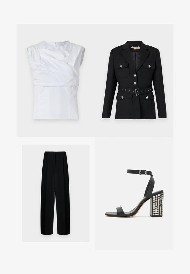 Sacou negru cu două buzunare frontale, accente de nasturi argintii și o curea cu talie strânsă, având detalii cu cataramă și gromete. Croială ajustată.; Top alb fără mâneci, cu un design structurat, având detalii de material drapat și un fermoar ascuns la spate. Textură netedă.; Pantaloni negri evazați cu talie înaltă, având plisseuri și o textură netedă. Țesătura pare ușoară și se așază elegant.; Sandale cu toc din piele neagră, cu o curea la gleznă. Au vârf pătrat, textură netedă și toc pătrat bloc decorat cu capse argintii.