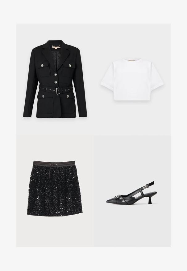 Musta bleiseri, jossa on kaksi etutaskua, hopeiset napin korostukset ja vyötärön cinch-vyö, jossa on solki- ja rei'itydetaljeja. Muotoiltu malli.; Lyhythihainen valkoinen t-paita pehmeää kangasta, jossa on pyöreä pääntie ja ribbireunat. Yksinkertainen ja ilman koristeita oleva malli.; Musta paljettihame, jossa on joustava vyötärö ja nyöri, joka tarjoaa sileän pinnan ja kiiltävän pinnan, joka heijastaa valoa.; Mustat nahkakengät, joissa on avonainen takaosa ja kärjessä terävä muoto, koristevyöt, joissa on metalliset reiät, sekä matala lohkoepohja. Teksturoitu pinta.