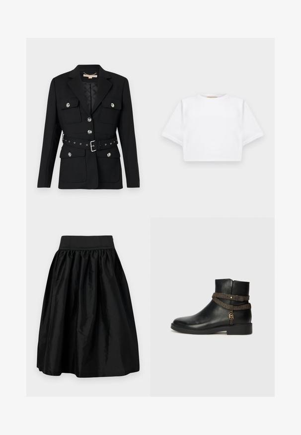 Juodas švarkas su dviem priekinėmis kišenėmis, sidabriniais mygtukų akcentais ir įliemenuota juosta su sagtimi ir šulinėlių detalėmis. Suformuotas dydis.; Trumpas baltas marškinėliai iš minkštos medžiagos, su trumpomis rankovėmis, apvaliu iškirpimu ir raukšlėtais hemų detalėmis. Paprastas ir be puošmenų dizainas.; Juoda iki kelių sijonas pagamintas iš lygaus, blizgaus audinio, su rauktuku liemenyje ir platėjančia siluetu. Be papuošimų ar raštų.; Juodas odinis kulkšninis botų su lygia sueigą, su ruda raštuota juosta ir auksinės spalvos detalėmis. Lygus paviršius.