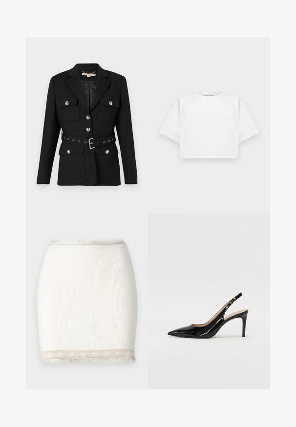 Musta bleiseri, jossa on kaksi etutaskua, hopeiset napin korostukset ja vyötärön cinch-vyö, jossa on solki- ja rei'itydetaljeja. Muotoiltu malli.; Lyhythihainen valkoinen t-paita pehmeää kangasta, jossa on pyöreä pääntie ja ribbireunat. Yksinkertainen ja ilman koristeita oleva malli.; Valkoinen ribattupohjainen hame, jossa on istuva muoto ja fringe-yksityiskohtia helmassa. Sisältää vaaleanbeigeen korostuksen, jossa on kuvio. Sileä rakenne.; Musta lakattu nahkainen slingback-korkokenkä, jossa on terävä kärki, kapea korko ja hillitty leikkaussuunnittelu. Varressa on kultainen solki.