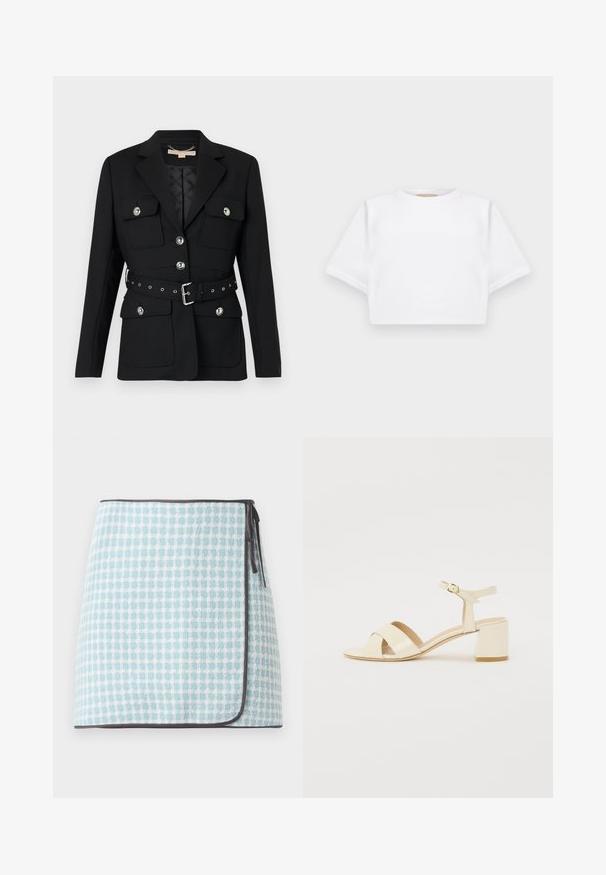 Juodas švarkas su dviem priekinėmis kišenėmis, sidabriniais mygtukų akcentais ir įliemenuota juosta su sagtimi ir šulinėlių detalėmis. Suformuotas dydis.; Trumpas baltas marškinėliai iš minkštos medžiagos, su trumpomis rankovėmis, apvaliu iškirpimu ir raukšlėtais hemų detalėmis. Paprastas ir be puošmenų dizainas.; Šviesiai mėlynos ir baltos languotos rašto sijonas, turintis švelnią tekstūrą ir kontrastingą tamsią apdailą. Uždarymas šonuose su raišteliais.; Bežinės patentinės odos aukštakulnės šlepetės su kryžminiu dirželiu, atvira nosimi, reguliuojamu kulkšnies dirželiu ir blokuotu kulnu. Lygi tekstūra.